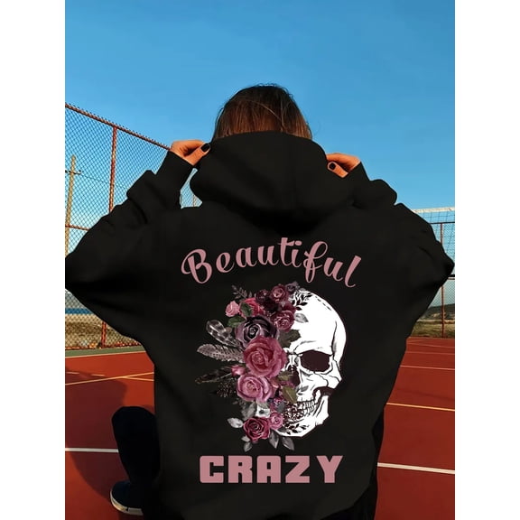 Skull & Floral Print Hoodie, Women's Casual Drawstring Hooded Long Sleeve Kangaroo Pocket Sweatshirt for Fall & Winter