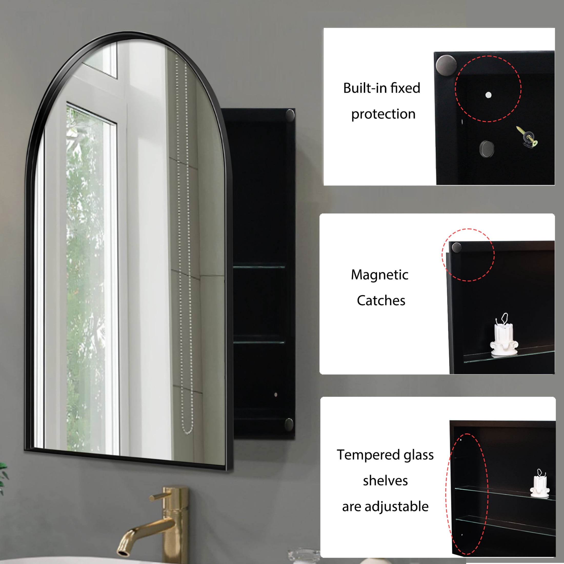 Noble House Arched Medicine Cabinet with Mirror, Recessed or Surface Mount, Adjustable Shelves, Matte Black