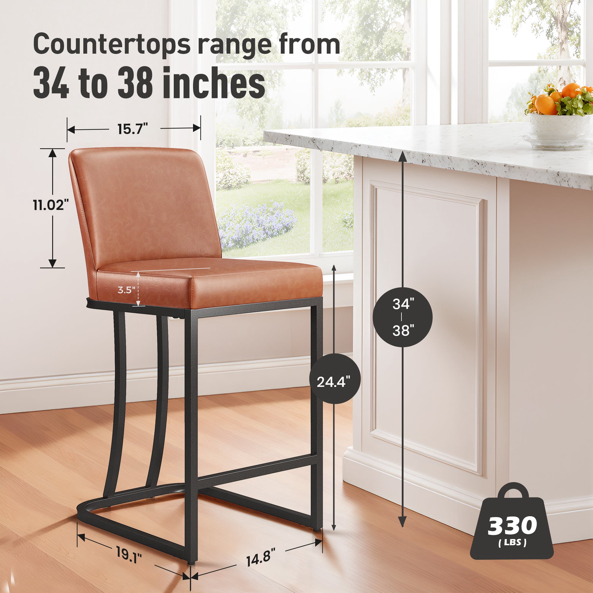 MF Studio 24" Counter Height Bar Stool with Back, Faux Leather Bar Chair for Kitchen Island, Brown