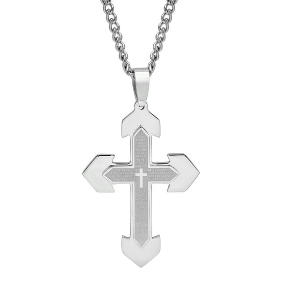 Men's Stainless Steel Stacked Lord's Prayer Cross Pendant Necklace Chain