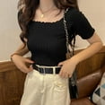 thumbnail image 3 of EIMELI Summer T-Shirt Women Solid Color Slash Neck Short Sleeve Knitted T-Shirts, 3 of 6