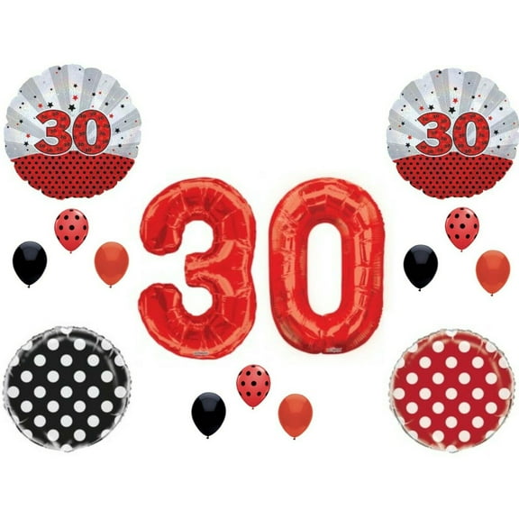 30th Thirty Happy Birthday Red balloons Decoration Thirtieth Polka dots