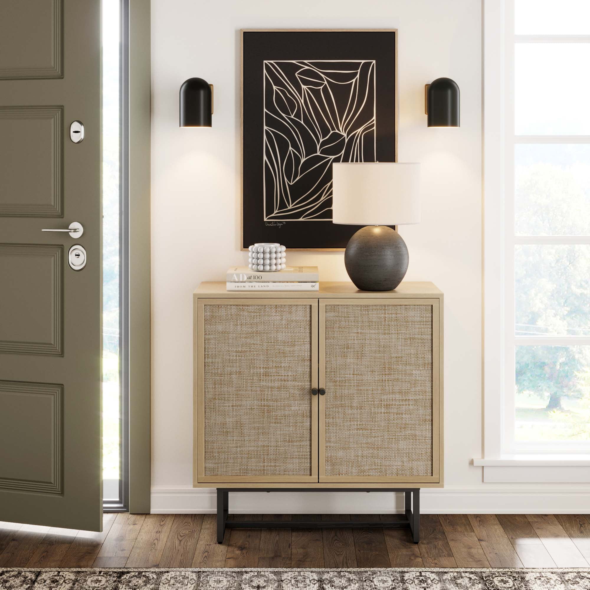 Nathan James Kova Natural Cane Rattan Doors Accent Cabinet with Brass Metal Base and Adjustable Shelf