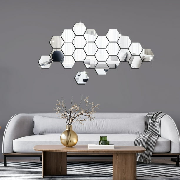 24 Piezas Adhesivos de Pared con Espejo Hexagonal, Adhesivos Acrílicos Hexágonos 3D para Niños Niñas, Habitación Infantil, Dormitorio, Hogar, Sala de Estar, Sofá, TV, Decoración de Pared, Plata