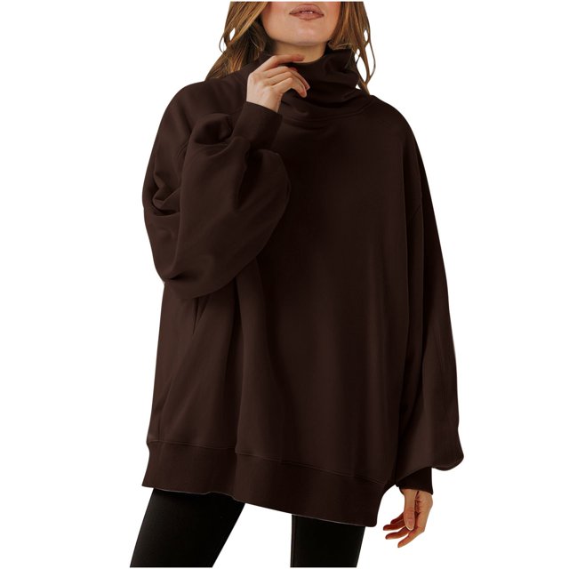 Timegard Oversized Sweatshirt for Women High Neck Comfy Pullover Solid Color Loose Comfy Tops Winter