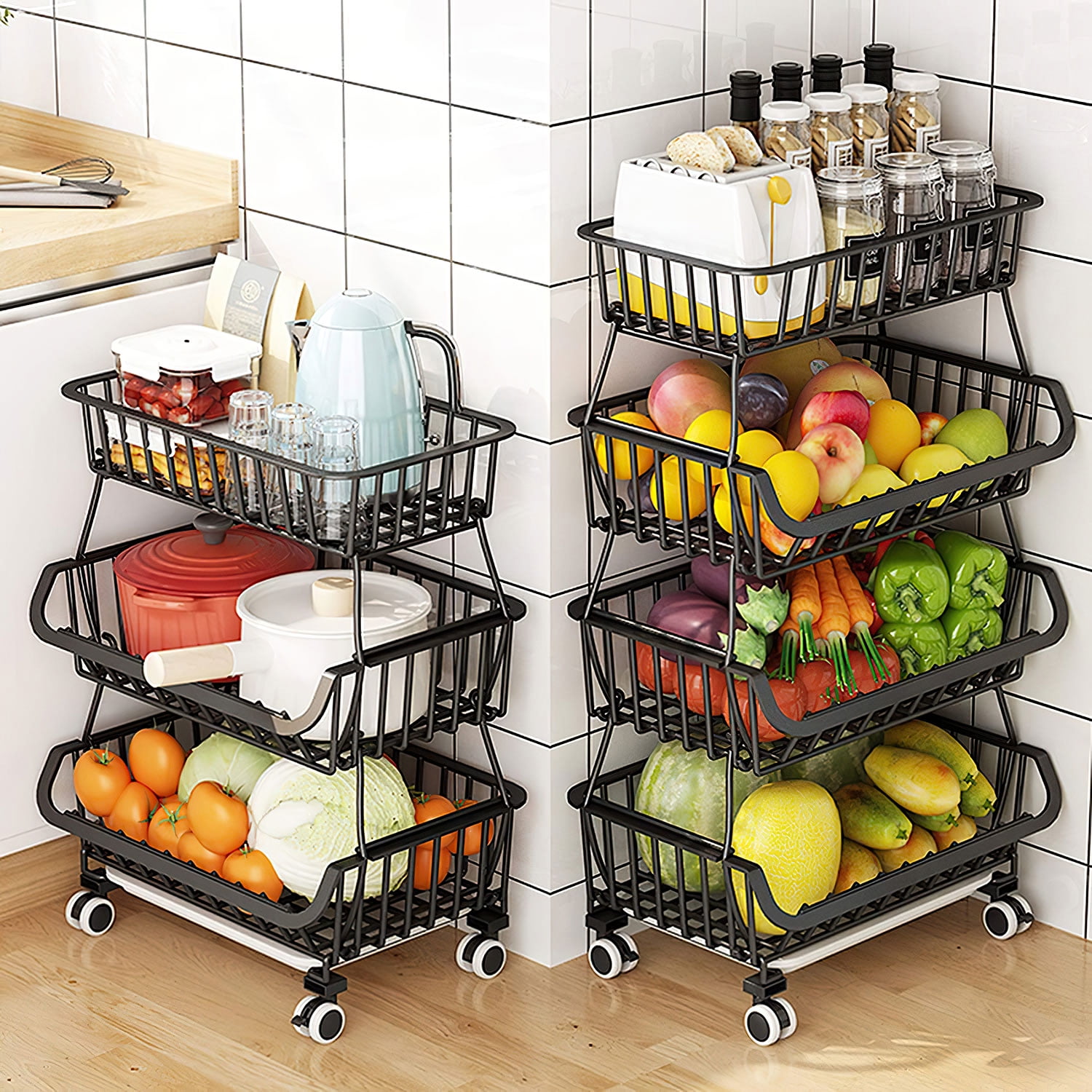 Rolling Stackable Baskets 2 To 4 Tiers Wire Organizer Basket With Lockable  Casters, Fruit Vegetable Produce Metal Storage Bin for Kitchen