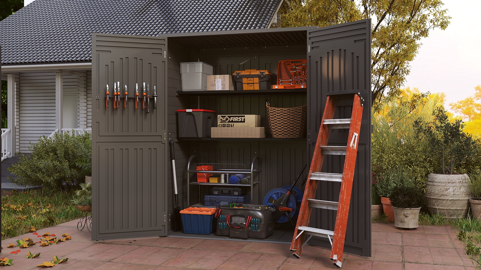 EHHLY 60 Cu. Ft Outdoor Resin Storage Cabinet with Floor, Waterproof Large Plastic Shed for Garden Tools, Lawn Mower and Patio, Grey