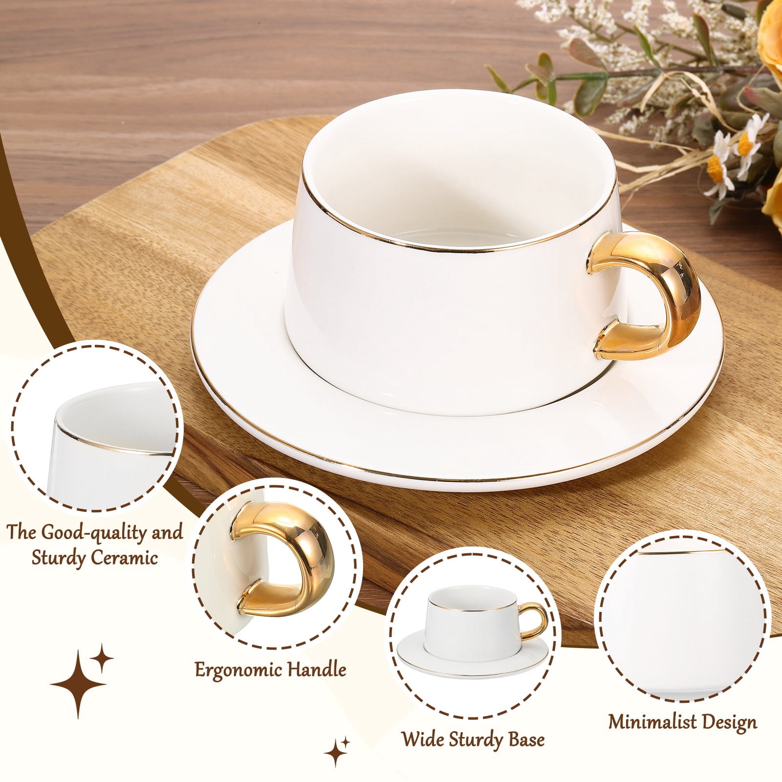 Uxcell 10oz Ceramic Coffee Mugs with Saucer Set, Creative Cute Cup with Handle Unique Irregular Design for Coffee Lovers Gift Tea Espresso Latte Kitchen Cafe Party Dishwasher, White