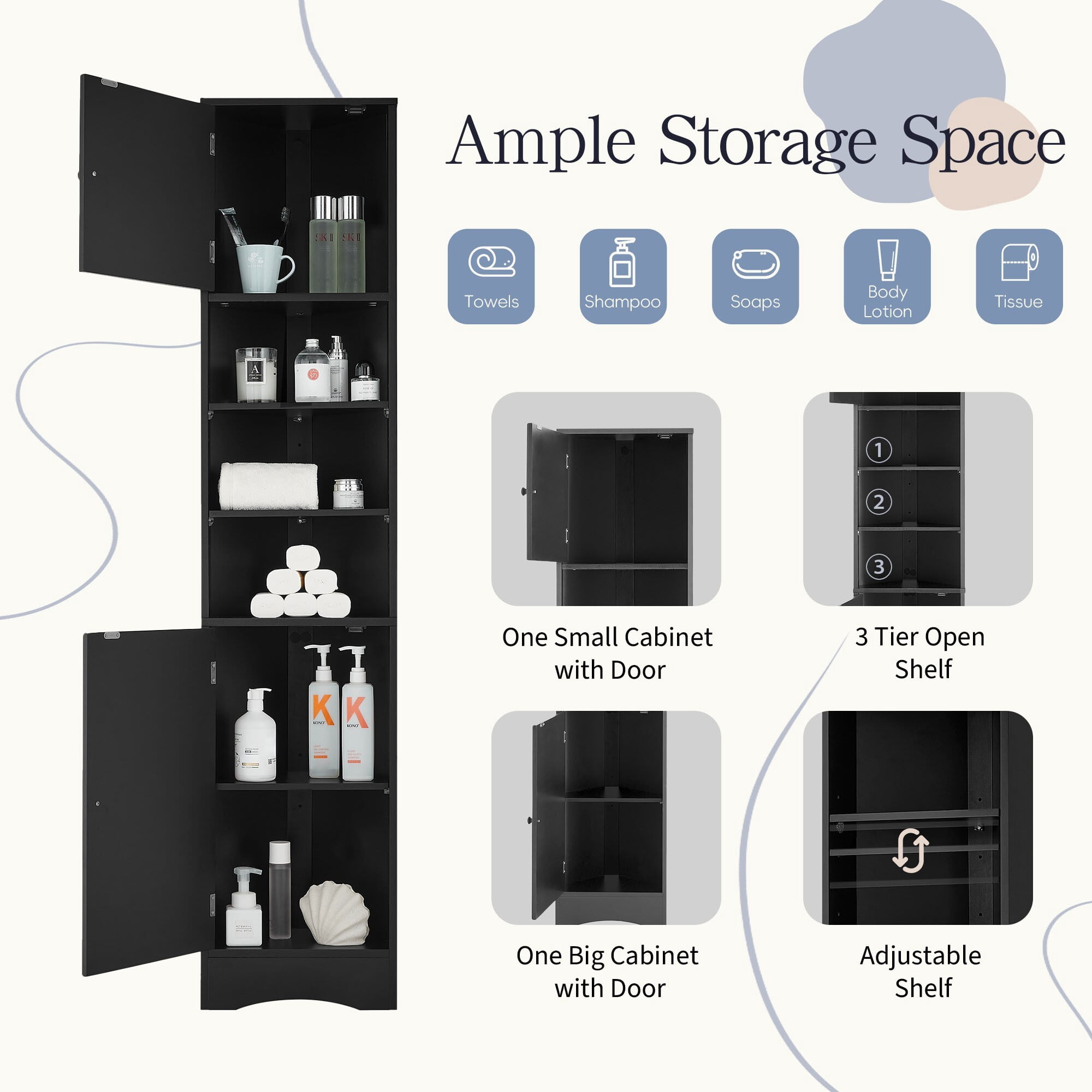 AENKYO 66.9" Corner Bathroom Cabinet with Adjustable Shelves, Tall Space-Saving Organizer for Bathrooms, Black