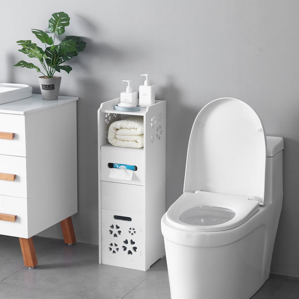 Kepooman 3-tier Bathroom Storage Cabinet with Garbage Can, White Kepooman 3-tier Bathroom Storage Cabinet with Garbage Can, White