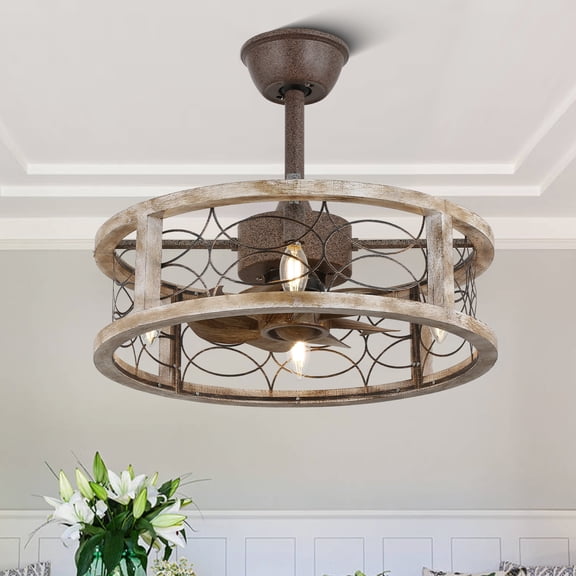 Bella Depot 18" Rustic Wood Caged Ceiling Fan with Light and Remote Control, 6-speed Farmhouse Chandelier
