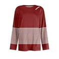 thumbnail image 5 of Uootdi Women's Burgundy Long - Sleeve Top, White Stripe Panel & Shoulder Button Detail, Crewneck Casual Shirt, Trendy Fashion Blouse Wine Women Top, 5 of 6