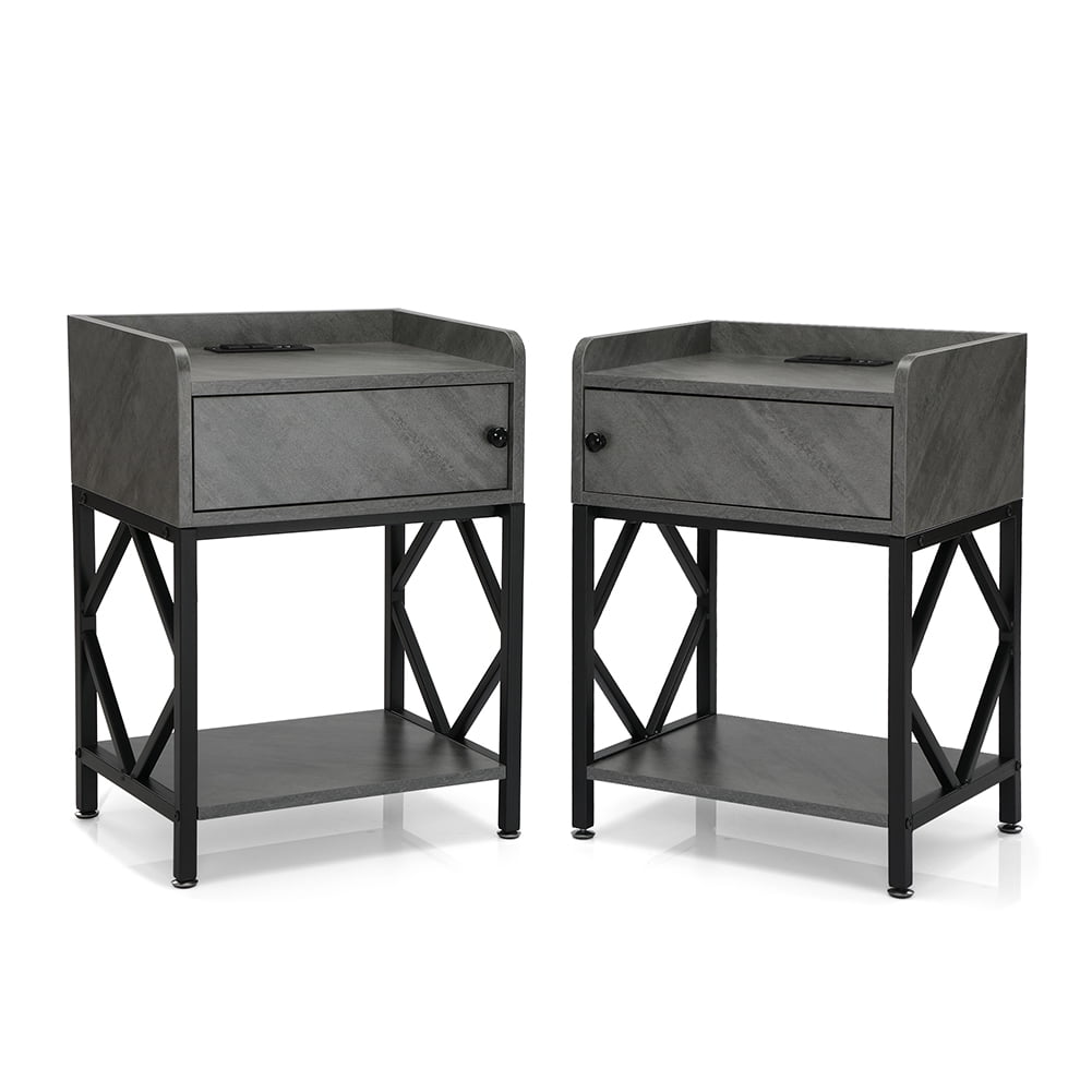 Resenkos Set of 2 Nightstand with Charging Station, Industrial Bedside Table with Storage Shelf for Bedroom Gray