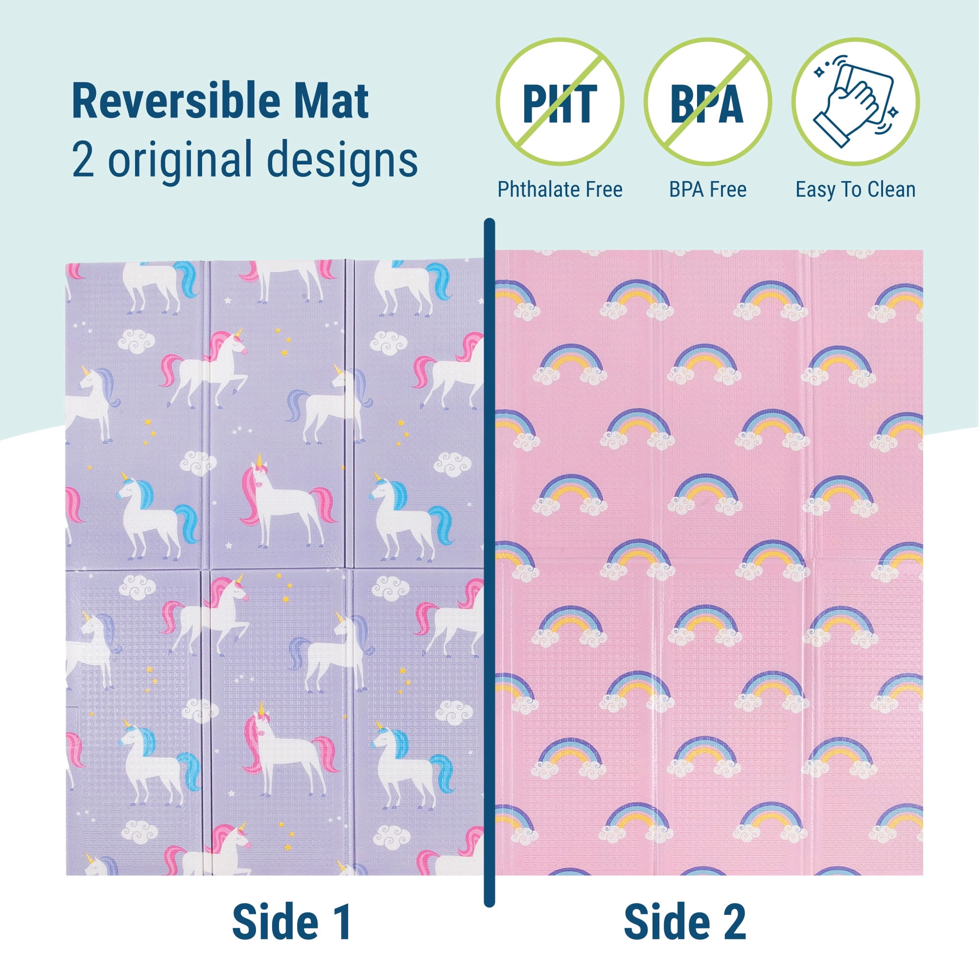 Wildkin Baby Play Mat - Large Folding Foam Play Mat for Infants, Babies, Toddlers, Waterproof, Double-sided (70" x 59") - Unicorn