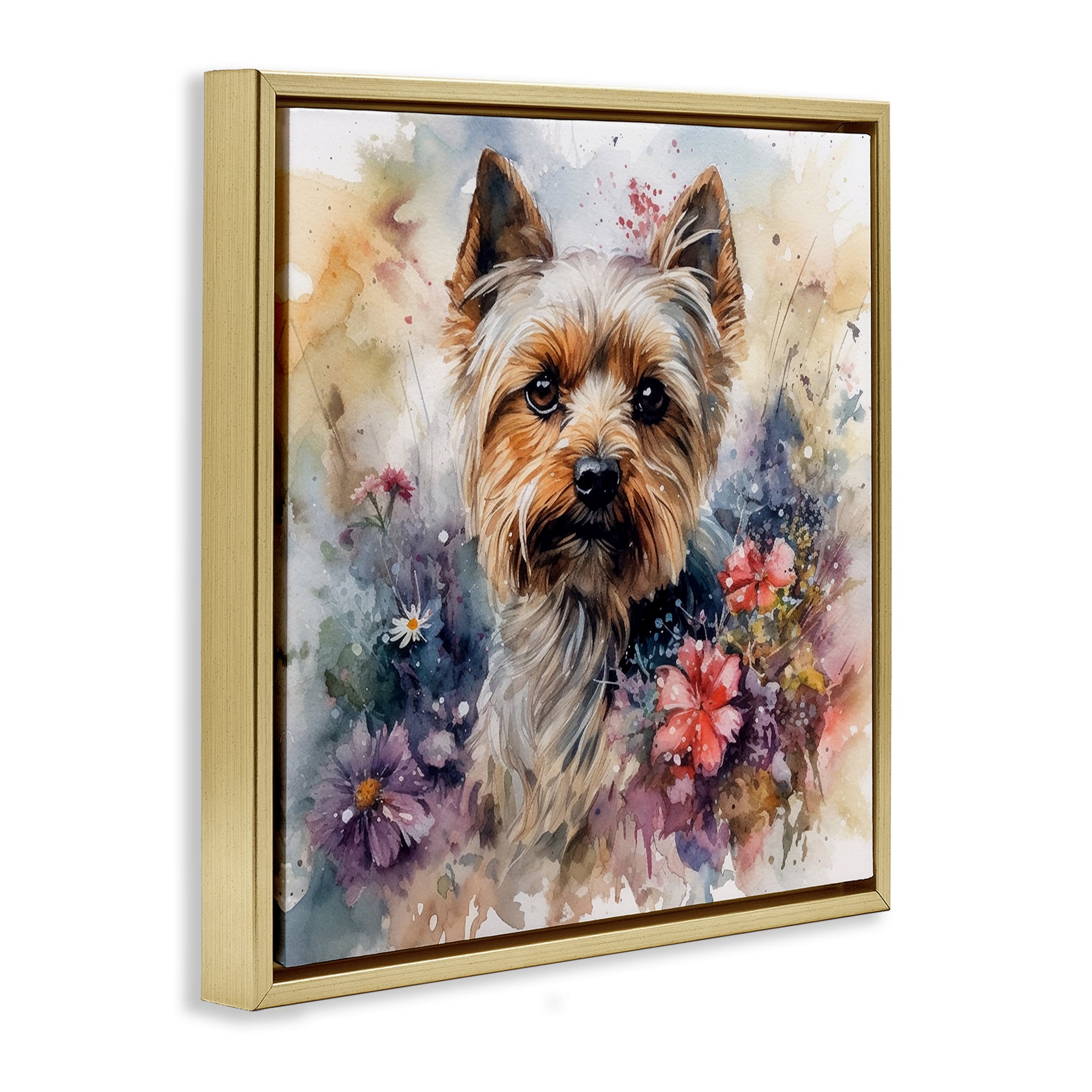 Stupell Industries Floral Adorned Yorkie Animals & Insects Painting Gold Floater Framed Canvas Art Print Wall Art, 25 x 25