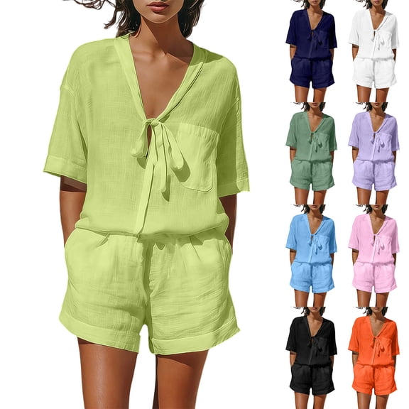 Bovxnpu Women 2 Piece Loungewear Set Beach Vacation Sweatsuit Tracksuit Set Women's Fashion Casual Short Sleeve Top Pocket Cotton Linen Shorts Outfits Set Summer Outfits