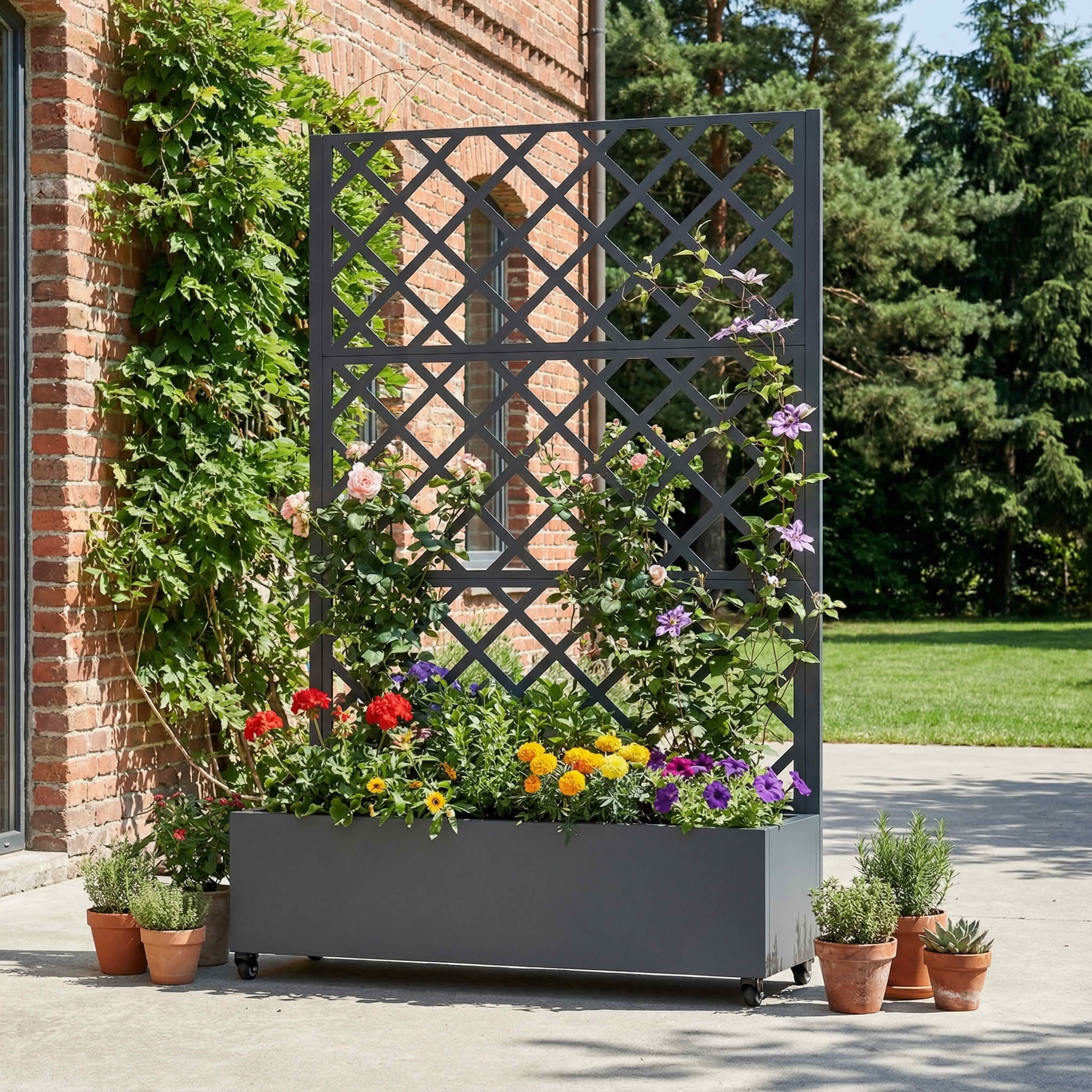 MAYEERTY 72X47" Metal Outdoor Cambrian Gray Privacy Screen with Planter Box for Backyard & Garden, 3 Piece Set