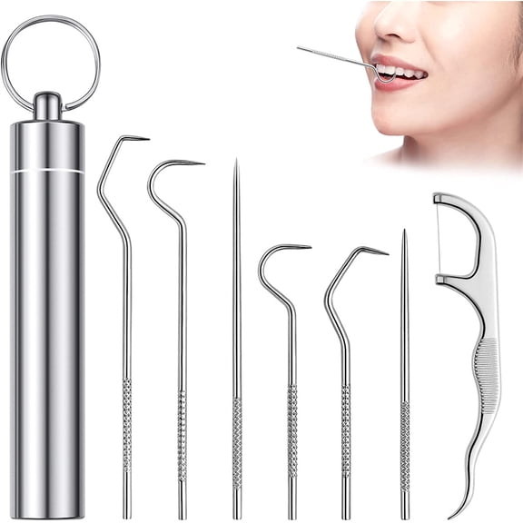 NOGIS 7Pcs Stainless Steel Toothpick Set, Reusable Metal Toothpicks for Teeth, Portable Toothpick Pocket with Holder, Tooth Cleaning Kit for Traveling Home Outdoor Camping Picnic, Silver
