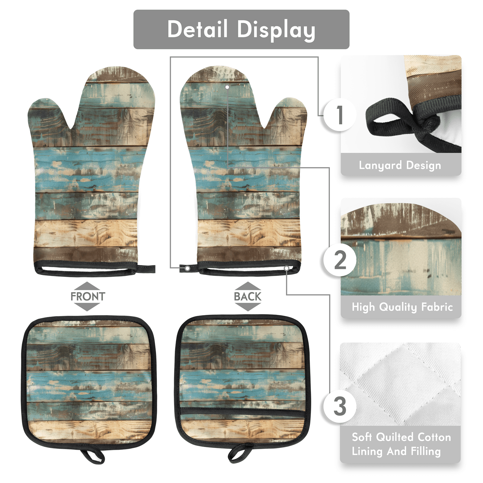 CURLYOOT Wooden Farm Vintage Oven Mitts and Pot Holders Sets of 2, Non-Slip Washable Hot Pads and Oven Gloves for Kitchen Cooking Baking