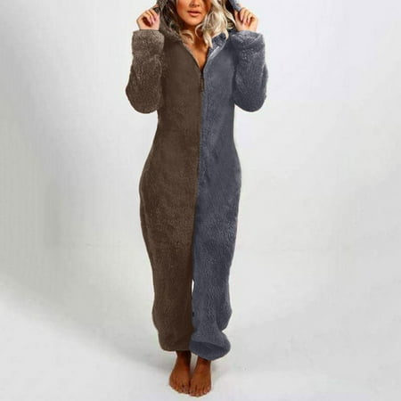 

SBYOJLPB Women s Plus Size Pants Women Long Sleeve Hooded Jumpsuit Pajamas Casual Winter Warm Rompe Sleepwear Reduced Price Brown 18(XXXXXL)
