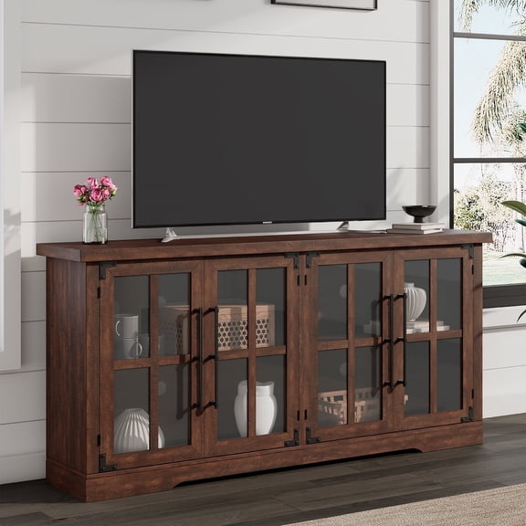 VANACC 63" Farmhouse TV Stand with 4 Glass Door & Strong Storage, Espresso