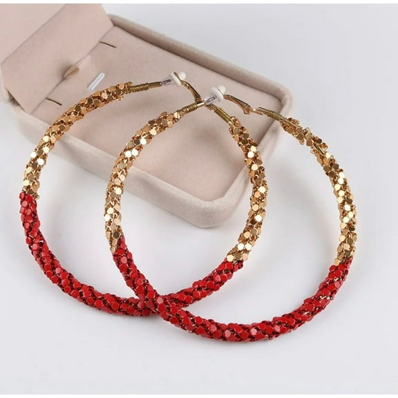 Clip on 4" XXLarge gold and red textured hoop earrings