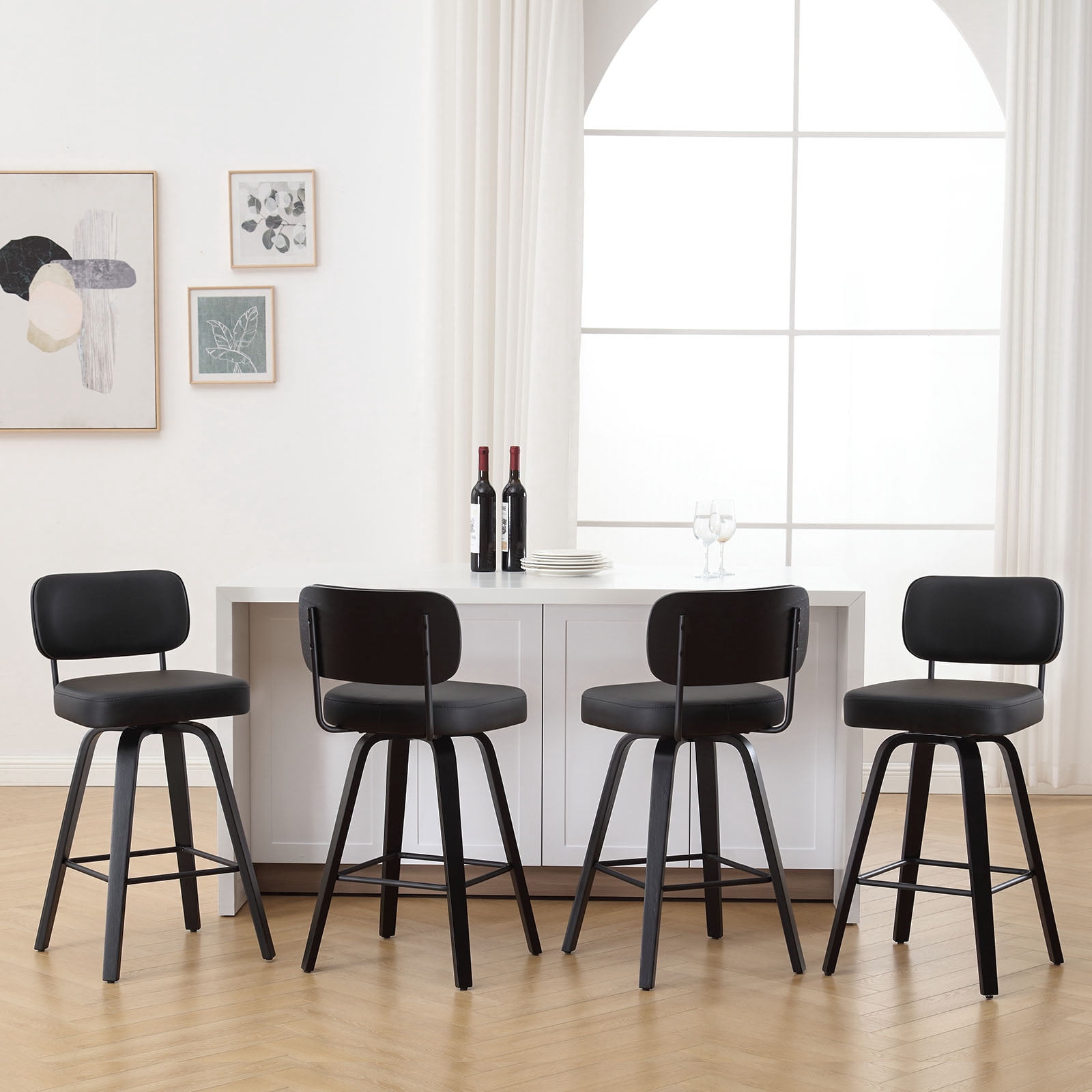 Swivel Counter Height Bar Stools, Set of 4, 26" Upholstered PU Leather Barstools with Back Wood Legs, Mid Century Modern Bar Chair Island Stool for Kitchen Counter, Black