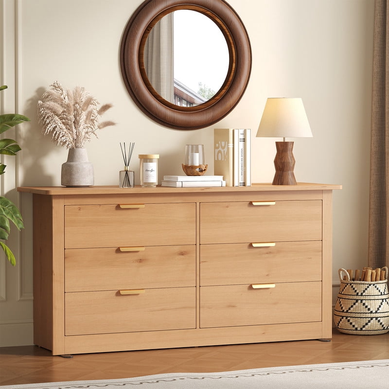 Gianna Dresser for Bedroom with 6 Drawers 59 Inch Chest of Drawers Wooden Dressers for Closet Living Room，Wood