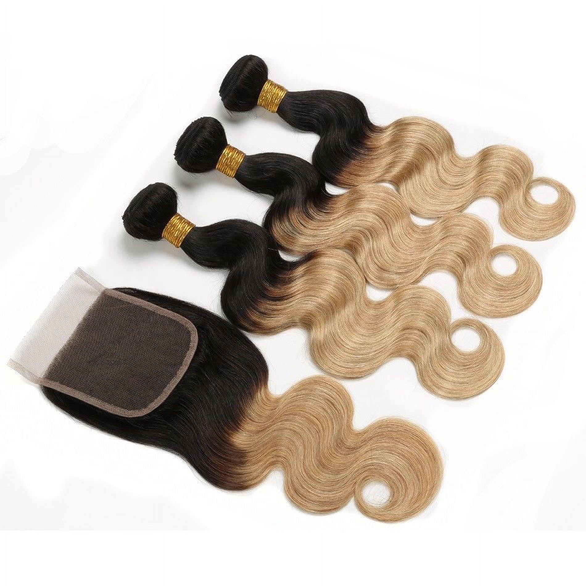 Ustar 100% Human Hair Ombre 1B/27 Body Wave 3 Bundles with 4 by 4 Lace Closure Stretched Length/inch: 22"24"26"+ Closure22"