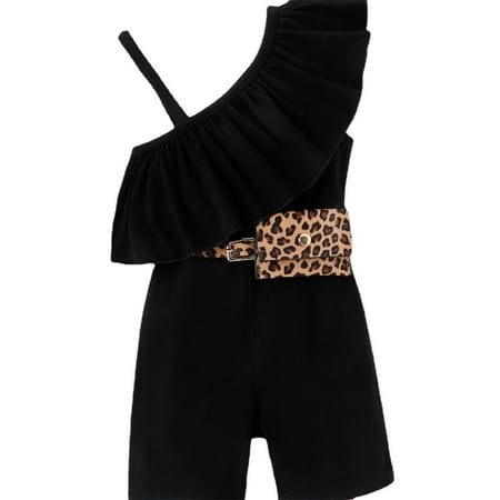 

ZRBYWB Toddler Girls Romper Jumpsuit Summer Solid Color Ruffle Sling Jumpsuit Leopard Print Belt Waist Bag 3Pc Baby Clothing