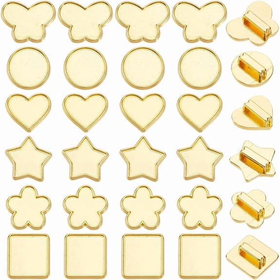 1 Box 48Pcs 6 Styles Bezel Tray Settings Gold Slider Charm Bulk Round Star Butterfly Heart Blank Trays Metal 8mm Hole Slide Beads for DIY handcrafting
