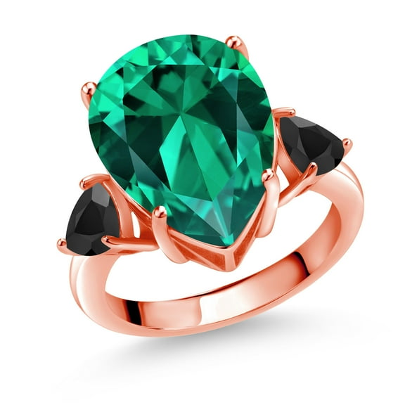 Gem Stone King 8.97 Ct Pear Shape Green Nano Emerald Black Onyx 18K Rose Gold Plated Silver Ring (Size 7)
