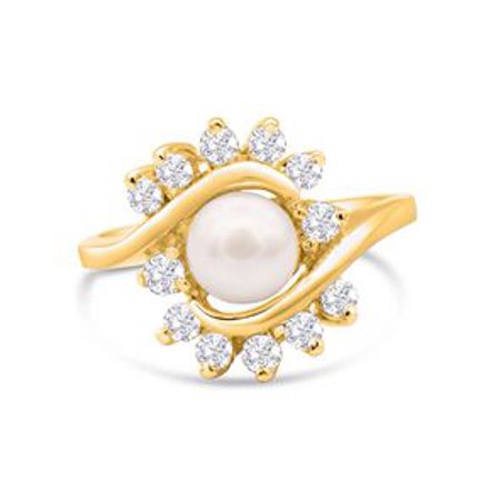 Round Freshwater Cultured Pearl and 1/2 Carat Halo Diamond Ring In 14 Karat Yellow Gold Size 8.5