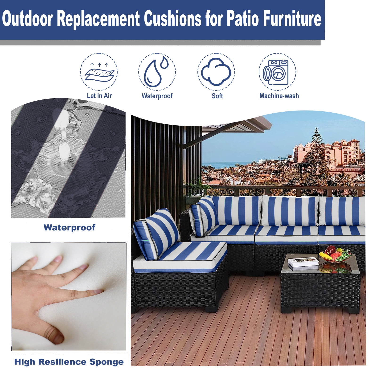 Outdoor Replacement Cushions for Patio Furniture,14-Piece Patio Water-Resistant Replacement Sofa Cushions Fits 6-seat Sectional Rattan Conversation Set,Liner&Cover