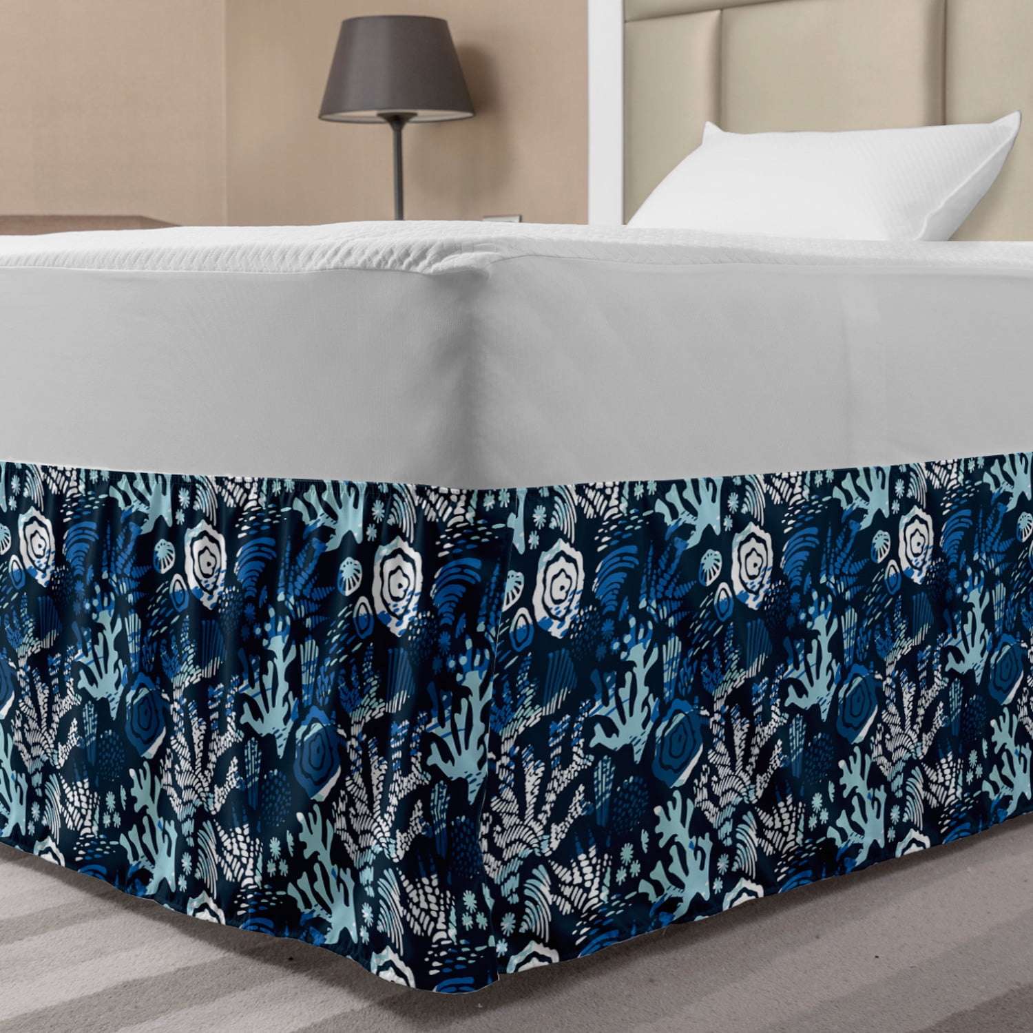Underwater Bed Skirt, Deep Sea Flora Coral Reef Botanical Ocean Vegetation Illustration, Elastic