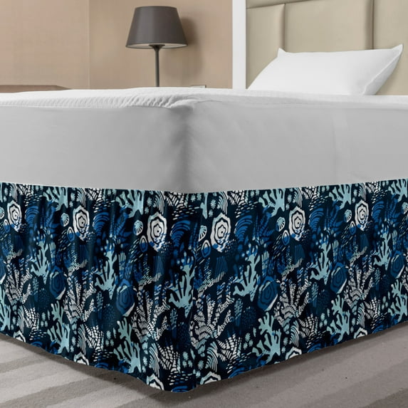 Underwater Bed Skirt, Deep Sea Flora Coral Reef Botanical Ocean Vegetation Illustration, Elastic Bedskirt Dust Ruffle Wrap Around for Bedding Decor, 4 Sizes, Dark Violet Blue White, by Ambesonne