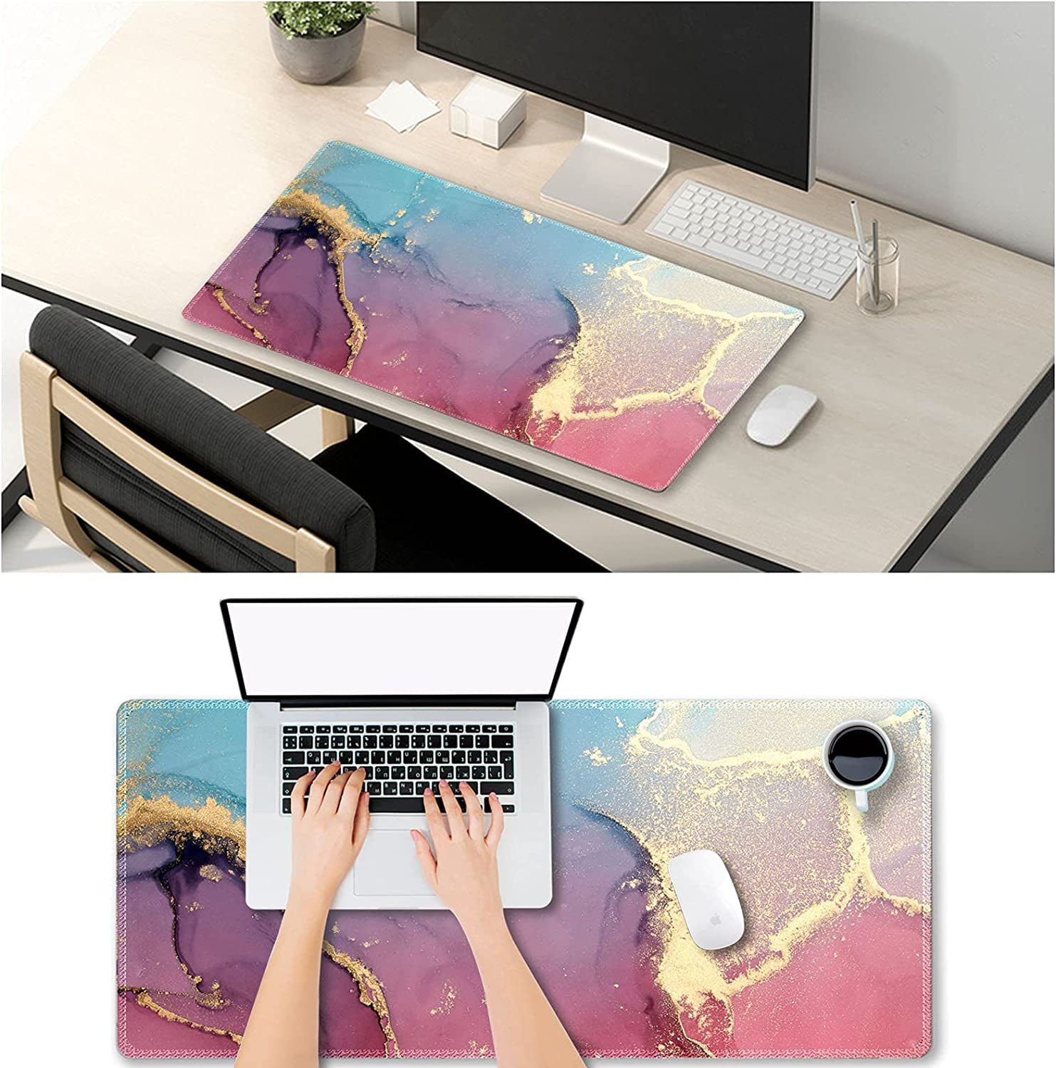 Extended Gaming Mouse Pad XXL Large Keyboard Mat Long Mousepad Desk Decor Writing Pad Non Slip Rubber Base Stitched Edges for Work,Game, Office,Home, 35.1" x 15.7", Colorful Marble