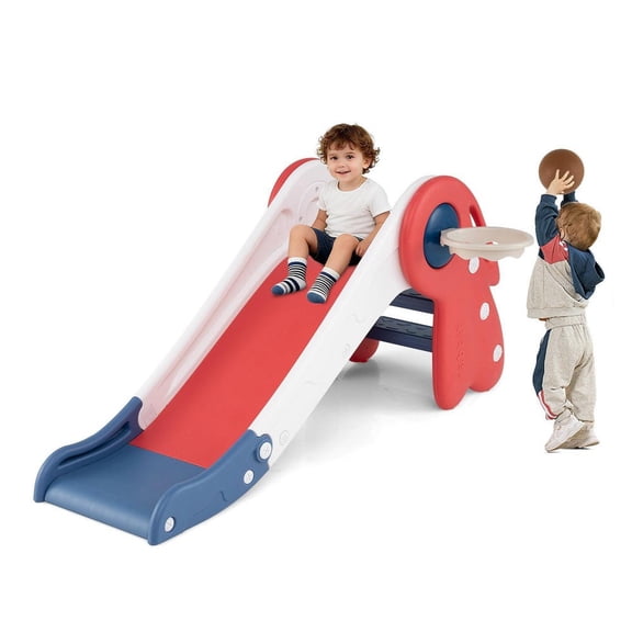 GVN 3 in 1 Toddler Slide with Basketball Hoop and Basketball, Indoor Slide for Kids, Indoor, Red