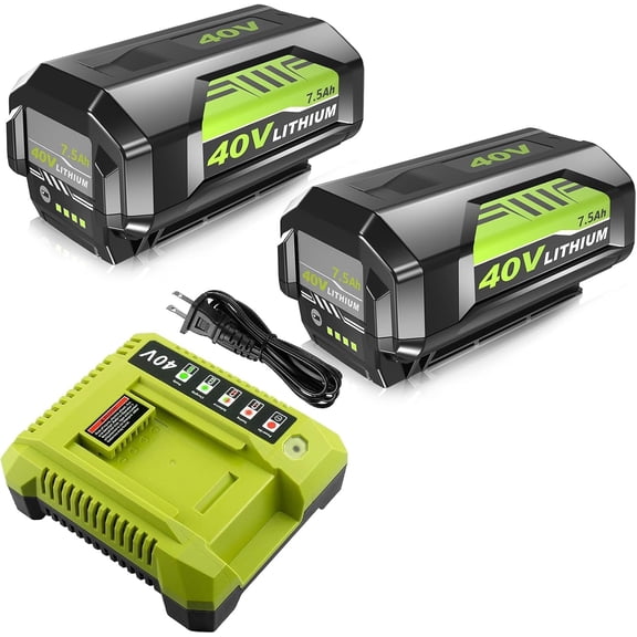 2Pack High Capacity 7500mAh Replacement for Ryobi 40V Battery and Charger Compatible with Ryobi 40 Volt Battery Lithium OP40404 OP40401 OP40605 OP40602 OP4026 Cordless Power Tools