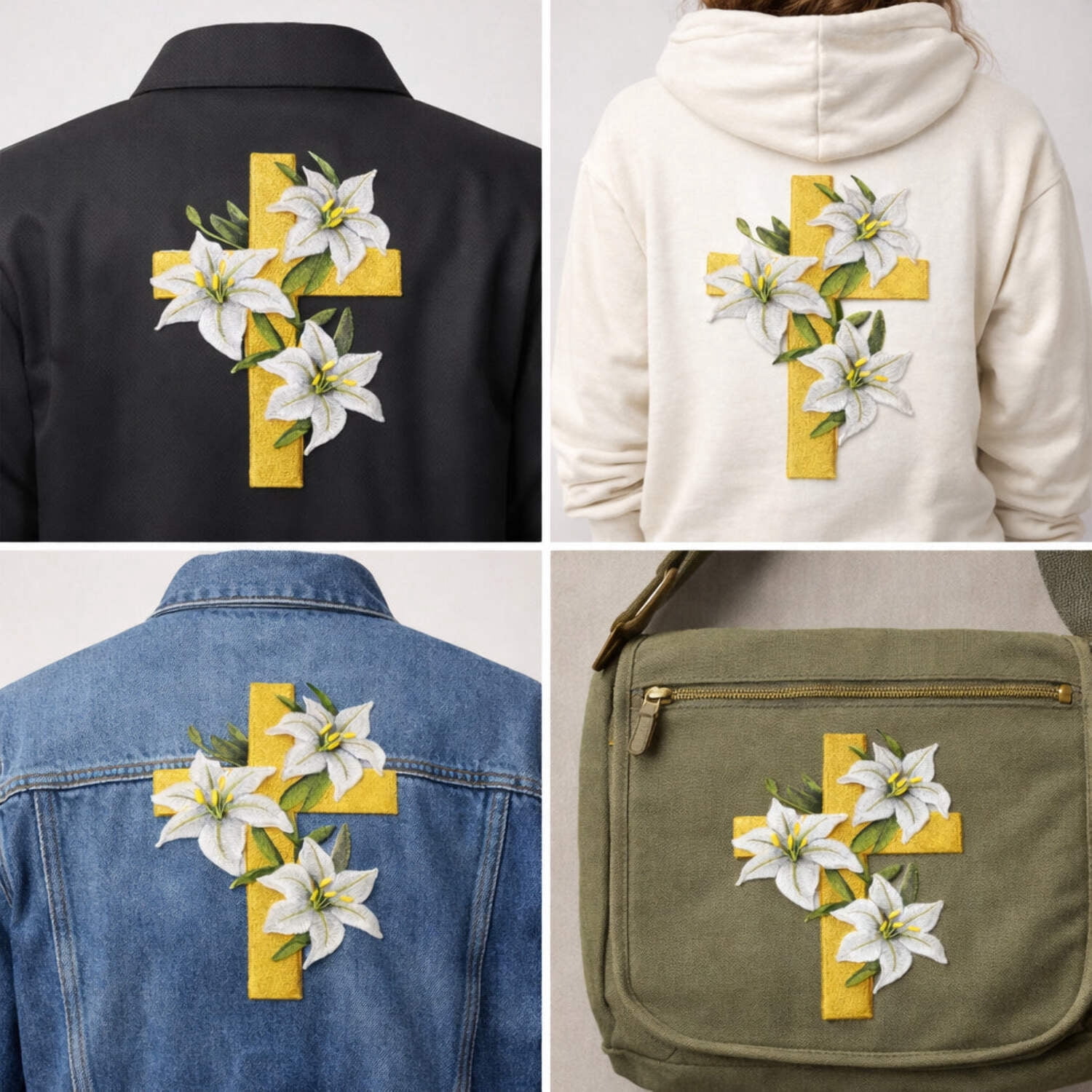 Beyond Vision Custom Elegant Lilies and Cross Embroidered Iron on/Sew Patch [ 5 "(w) x 7.79"(h) ]
