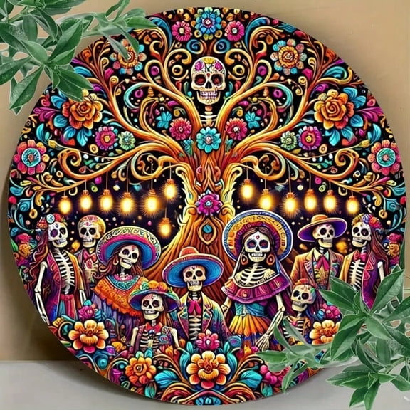 HELLOYOUNG Cinco De Mayo Wreath, Day of The Dead Floral Skull Decor, Colorful Mexican Folk Art Porch Hanging with Sugar Skull Design