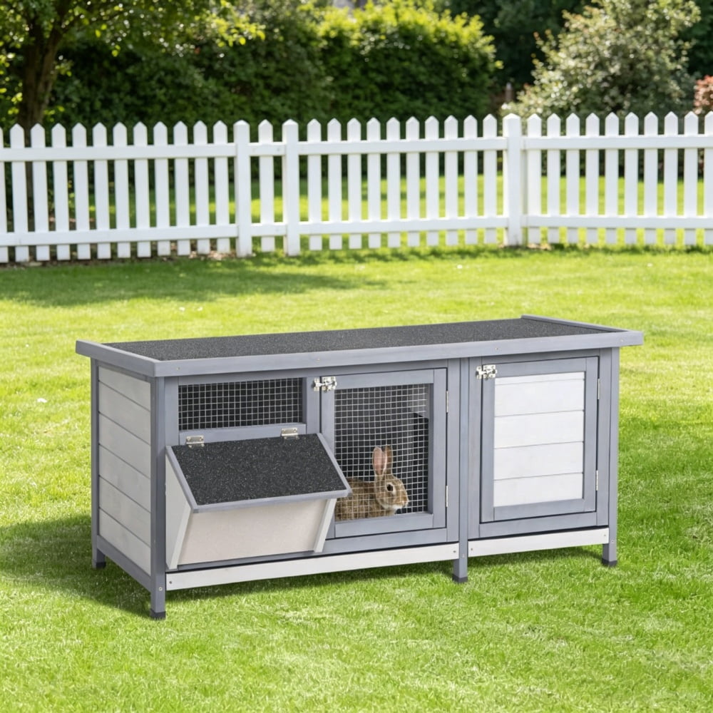2-Tier Fir Wood Rabbit Hutch, Weatherproof Asphalt Roof Small Animal Cage with Pull Out Trays, Predator Resistant Steel Wire Bunny House for Rabbits Guinea Pigs Backyard Garden Use