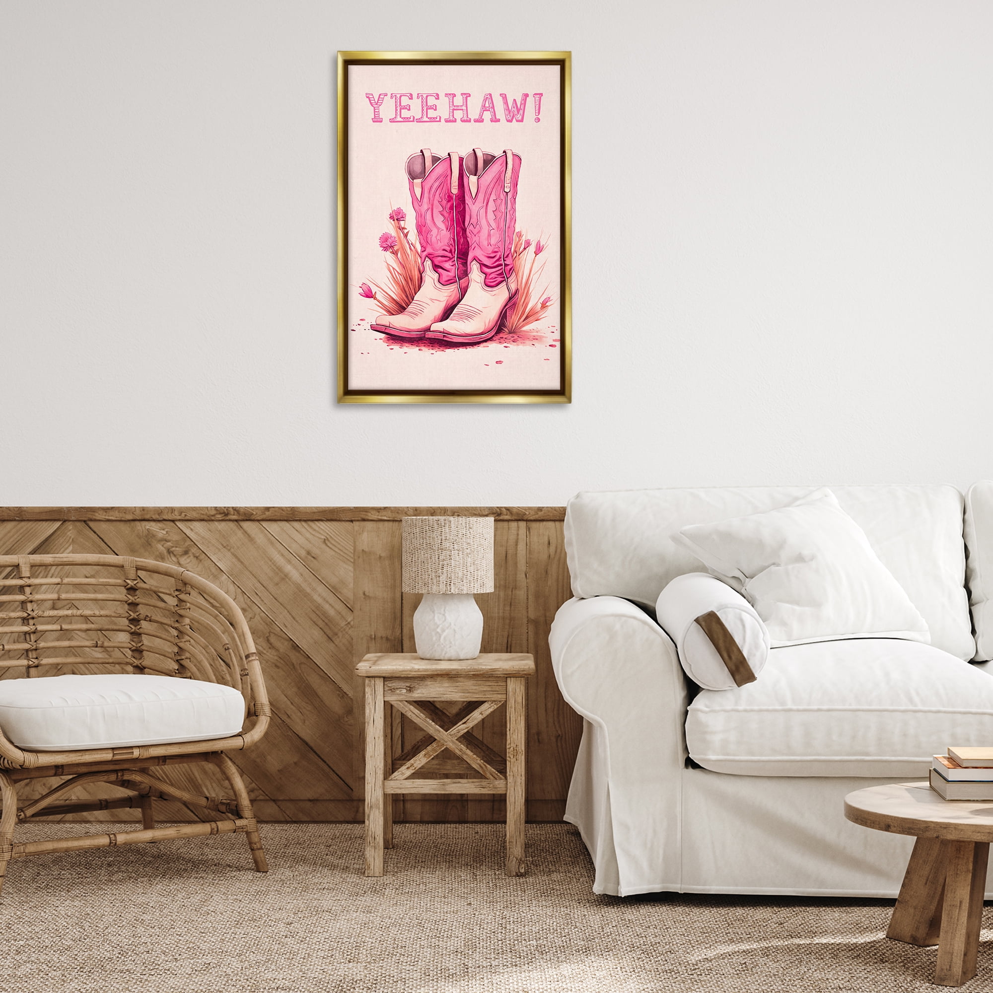 Stupell Industries Yeehaw Pastel Boots Fashion Painting Gold Floater Framed Canvas Art Print Wall Art, 21 x 31