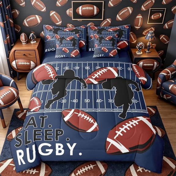 Castle Fairy Eat Sleep Football Twin Bedding 7-Piece, Rugby Court Bedding Comforter Set, Navy Brown,Navy Blue Reversible