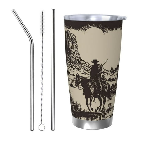 

KLL Western Desert Cowboy Print 40oz Stainless Steel Insulated Car Cup with Spillproof Lid - Keep Your Drink Hot or Cold on the Go-Straw Three-piece Set