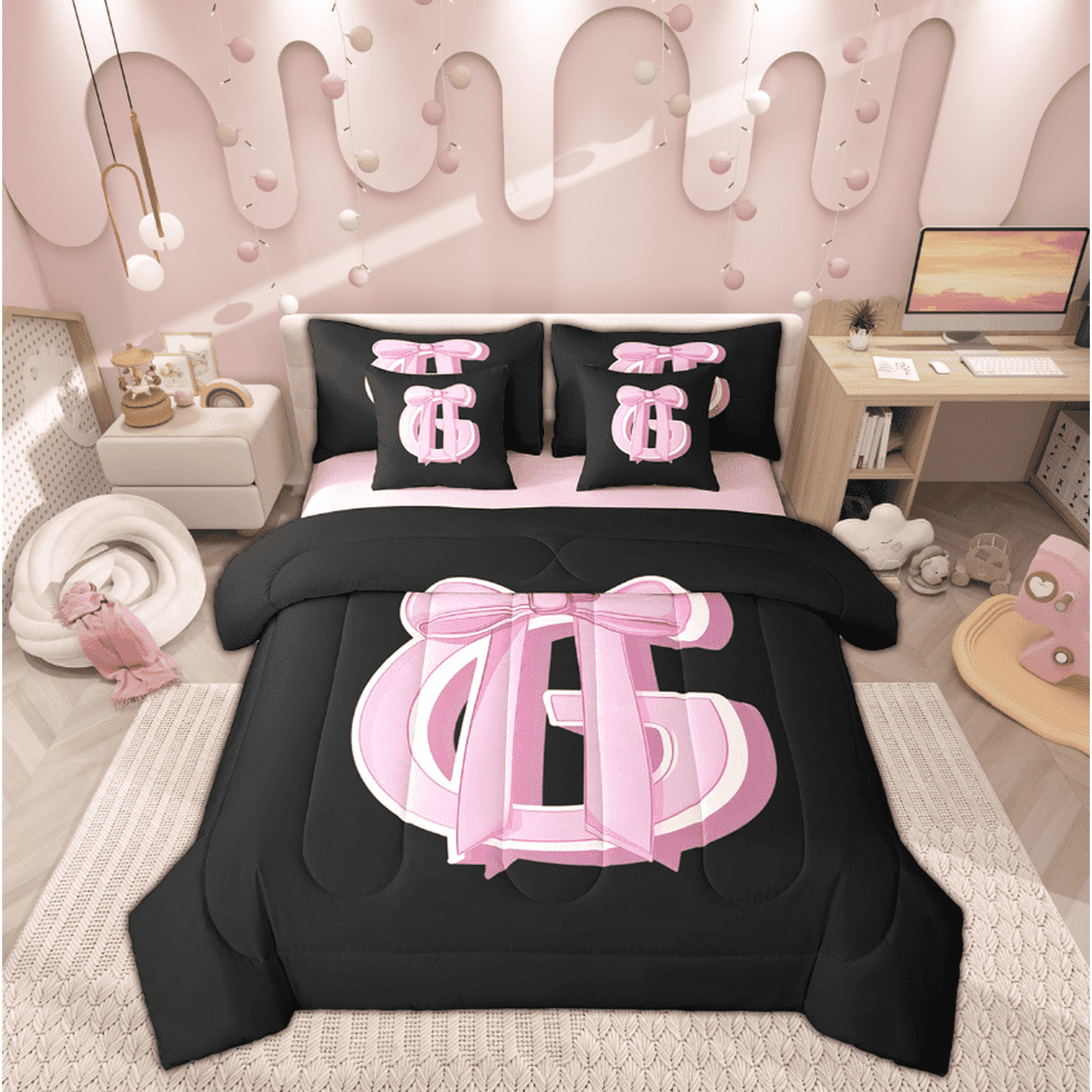 Feelyou Kawaii Initial Letter Bedding Twin Size Monogrammed G Bed in a Bag Twin size Pink Ribbon Cow Reversible Bed Set Ultra Soft Bedroom Decoration 7pcs