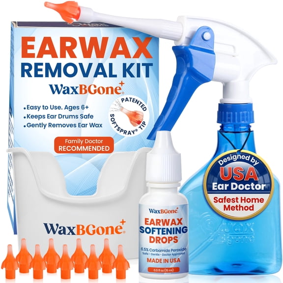 WaxBGone® Ear Wax Removal Kit with SoftSpray® Irrigation Tips, 4X High Output Sprayer & Ear Basin - Safe, Fast, Gentle Ear Cleaning Kit for Adults & Kids at Home - Standard Kit with Ear Drops