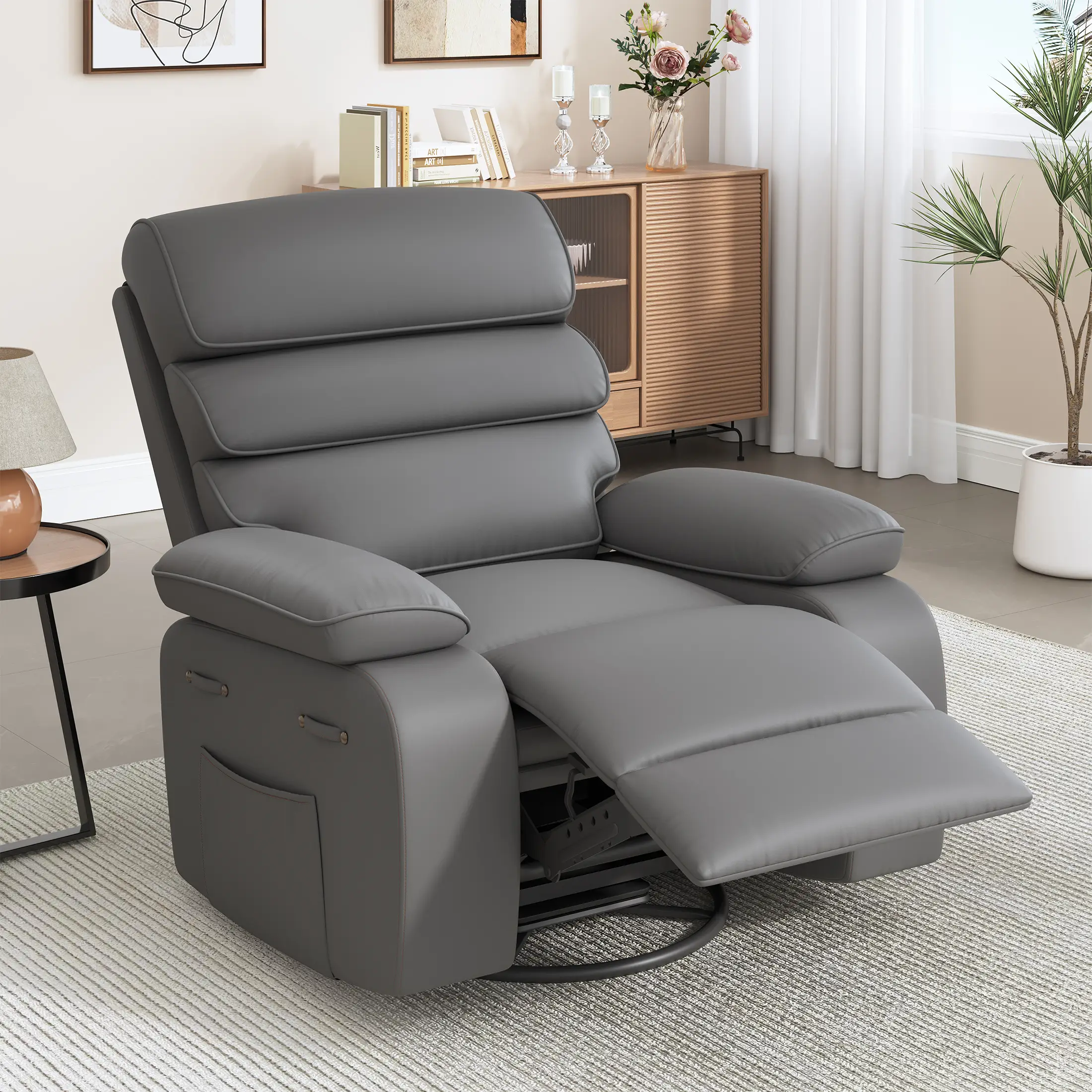 Techmilly Oversized Swivel Rocker  Recliner Chair with Heat and Massage, Adjustable Recline for Living Room,PU Leather (Dark Grey 35" Seat Width)