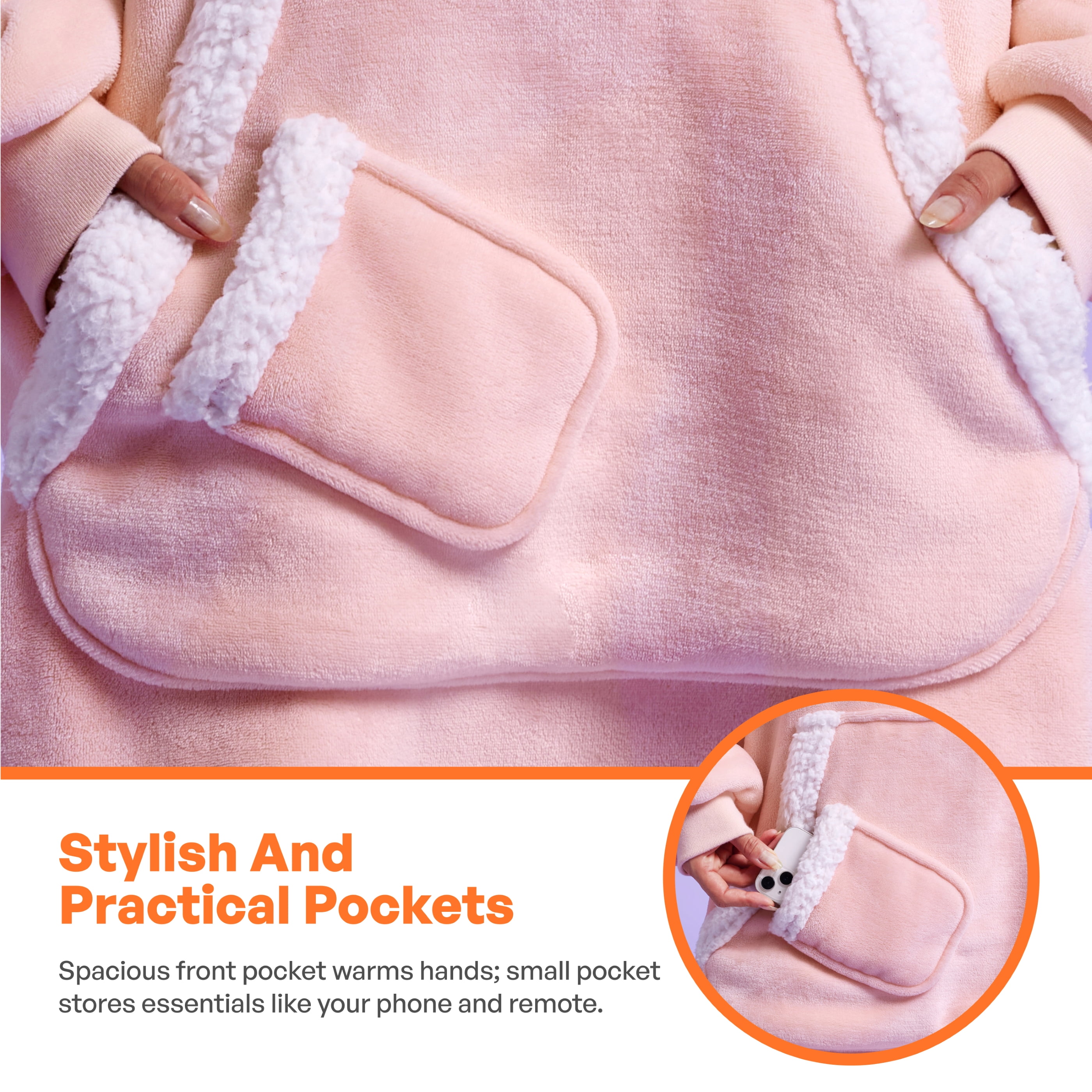 Joyfy Wearable Blanket Hoodie,Oversize Hoodie Fleece Sweatshirt Wearable Blanket for Women and Men,Clothing Gift for Women Men Mom Dad,Giant Hood Pocket and Sleeves for Adult(Pink,Standard)