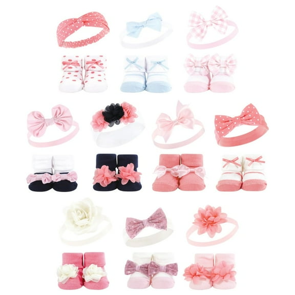 Hudson Baby Infant Girl 20Pc Headband and Socks Giftset, Pink Blue Pink Gray, One Size